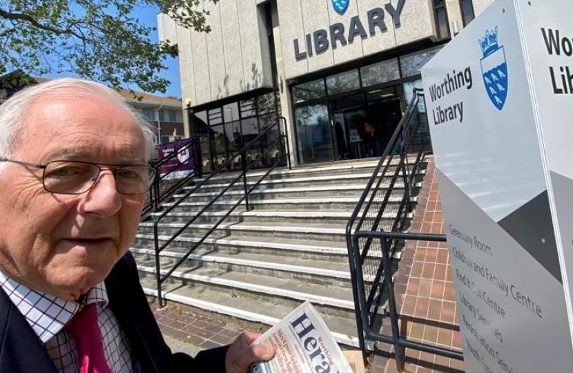 Sir Peter outside Worthing Library