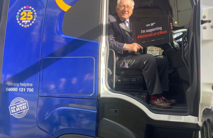 Sir Peter in the cab of a lorry