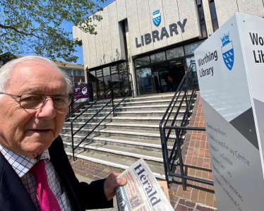 Sir Peter outside Worthing Library