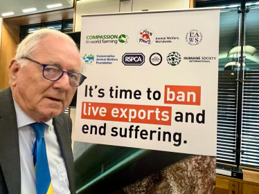 Sir Peter in front of a banner advocating for the ban of Live Exports 